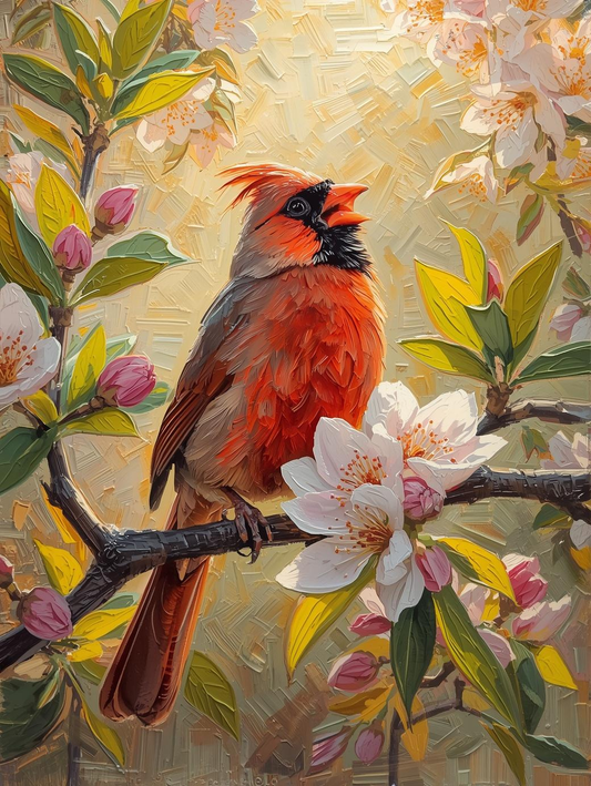 Paint by Number Cardinal on Cherry Blossom Branch – Spring Floral Canvas Paint by Number Kit