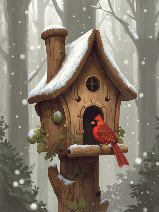 Paint by Number Cardinal on Whimsical Birdhouse – Cozy Garden Canvas Paint by Number Kit