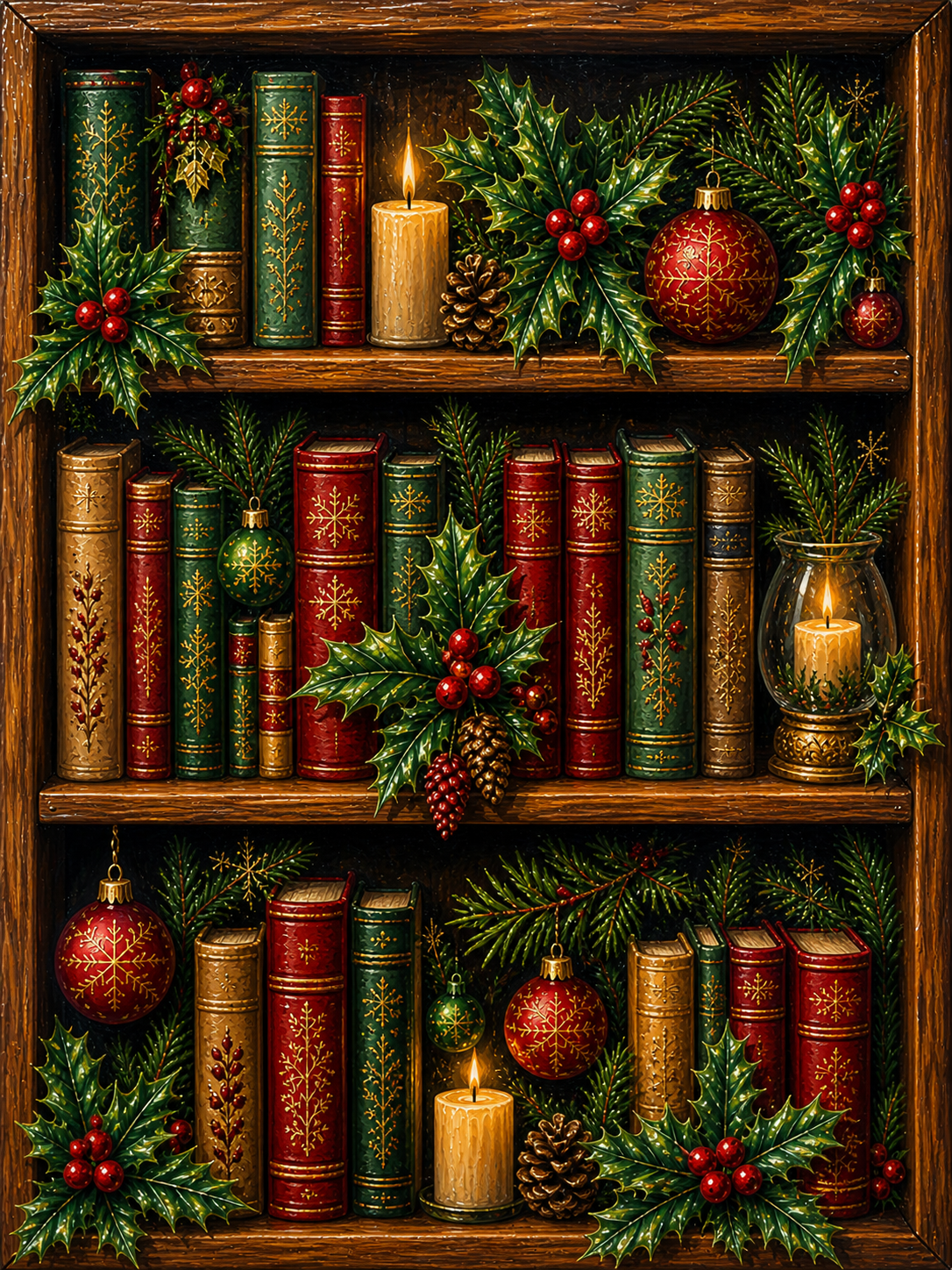 Paint by Number Christmas Bookshelf with Ornaments and Candlelight – Festive Holiday Kit for Adults