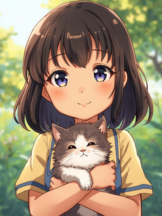Paint by Number Anime Girl Hugging a Fluffy Kitten – DIY Paint by Number Kit