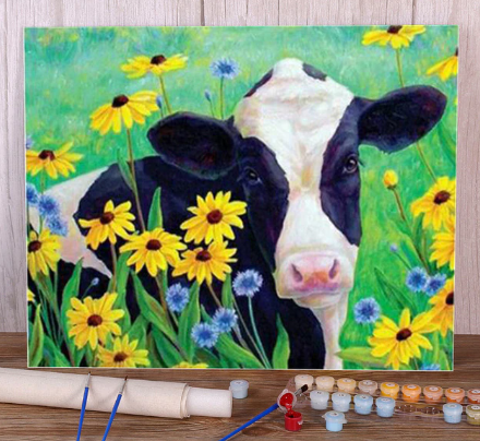 Paint By Number Farm Cow and Sunflowers