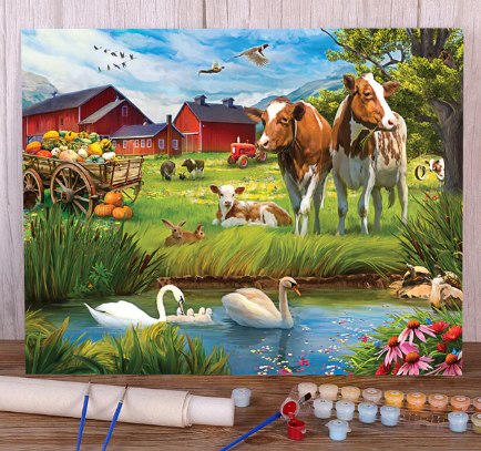 Paint By Number Farm Pond with Ducks and Cows