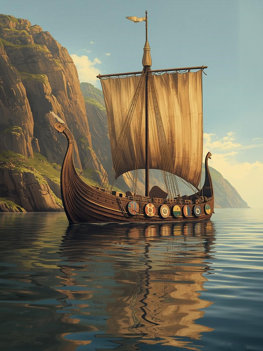 Paint by Number Viking Longship Along Sunlit Cliffs – Nordic DIY Wall Art Canvas