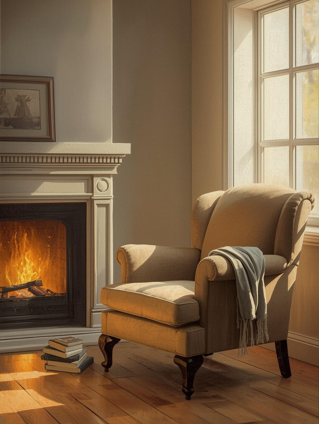 Paint by Number Sunlit Fireplace Reading Chair – Adult Paint by Number Canvas Kit