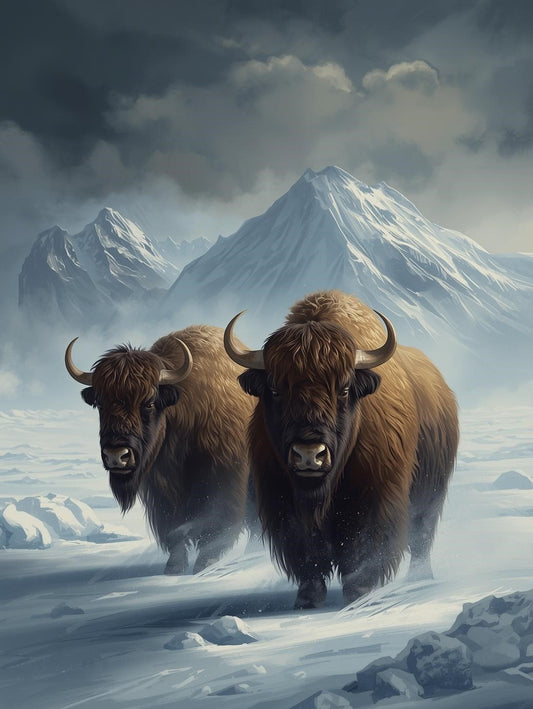 Paint by Number Majestic Musk Ox Pair Beneath Frozen Mountains - Painting Kit for Adults