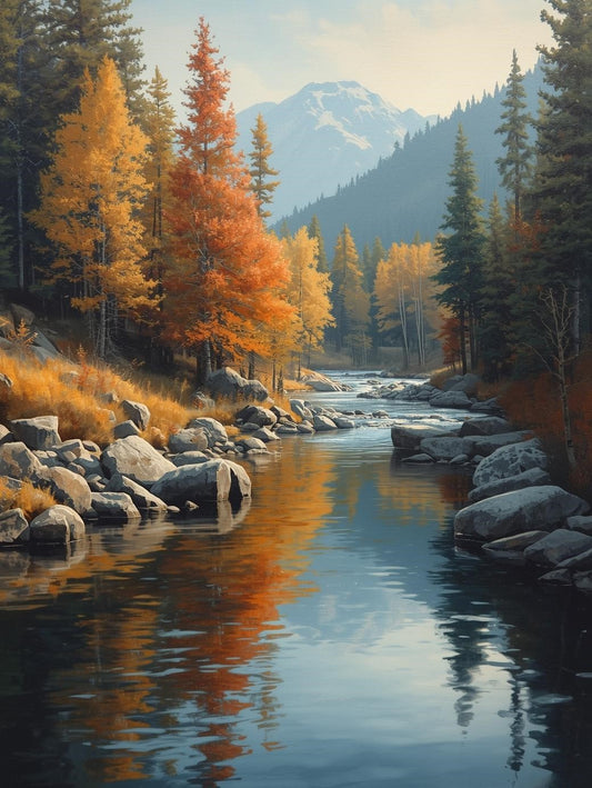 Paint by Number Autumn River with Mountain Background - DIY Canvas Paint by Number Kit
