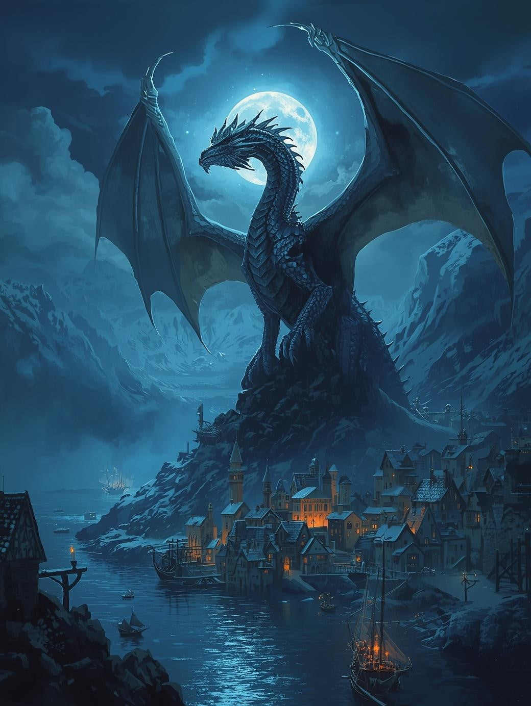 Paint by Number Midnight Dragon Over Moonlit Harbor Village – Adult Fantasy Canvas Kit