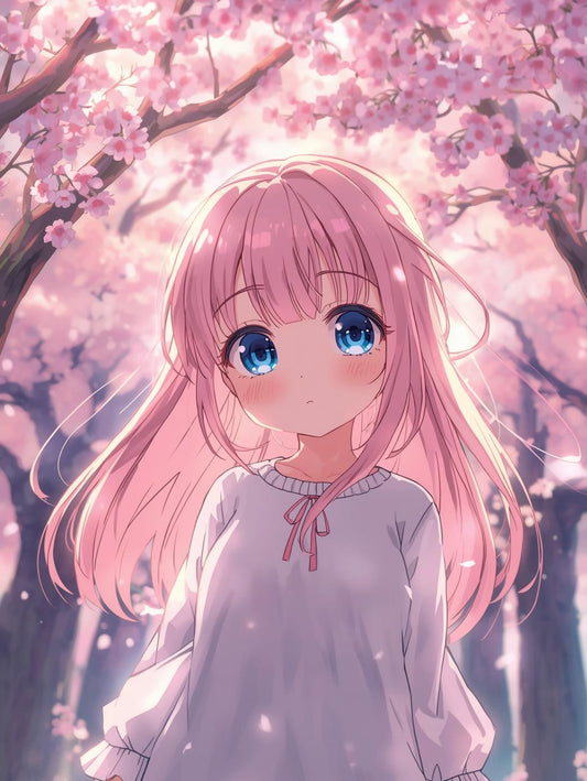 Paint by Number Pink Haired Anime Girl Beneath Cherry Blossoms - Anime Paint by Number Kit for Adults