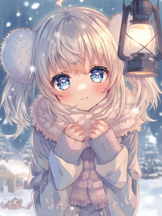 Paint by Number Cozy Winter Anime Girl with Lantern - Snowy Anime Paint Kit