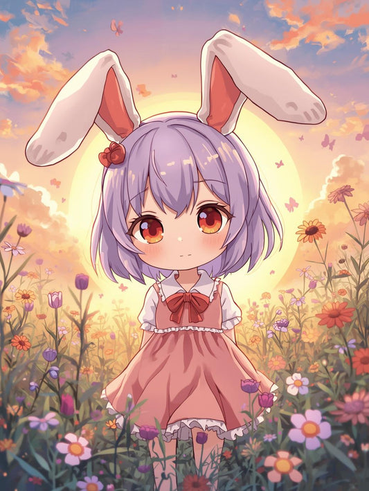 Paint by Number Bunny Girl in Sunset Wildflower Meadow - Anime Paint by Number Kit