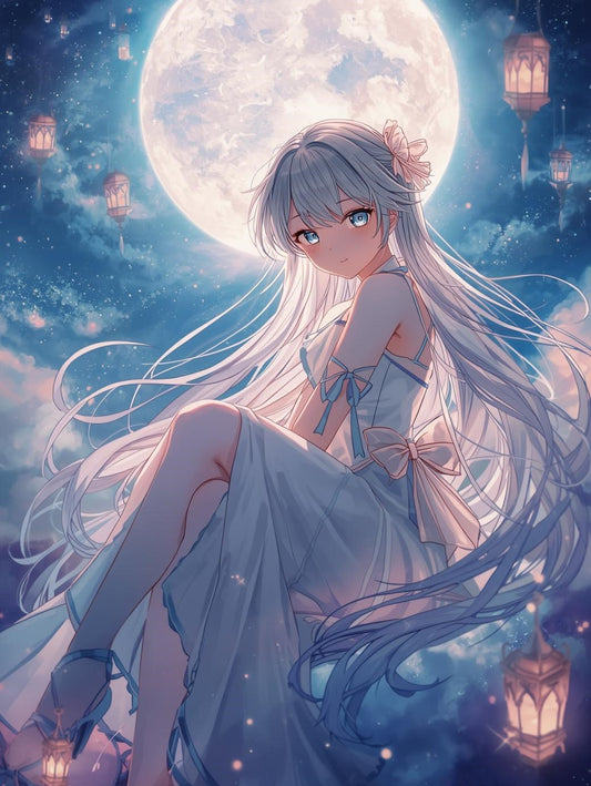 Paint by Number Moonlit Anime Princess Beneath Floating Lanterns - Fantasy Anime Paint Kit
