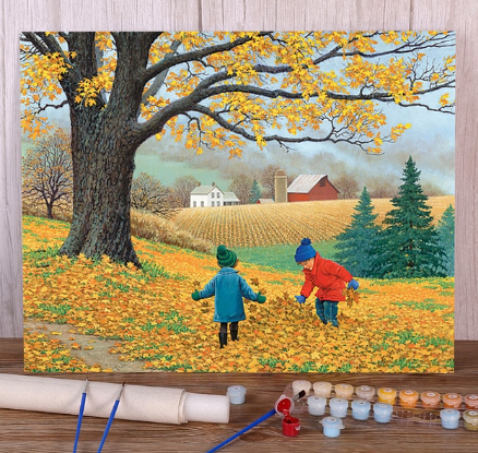 Paint By Number Farm Fall Children playing in Leaves