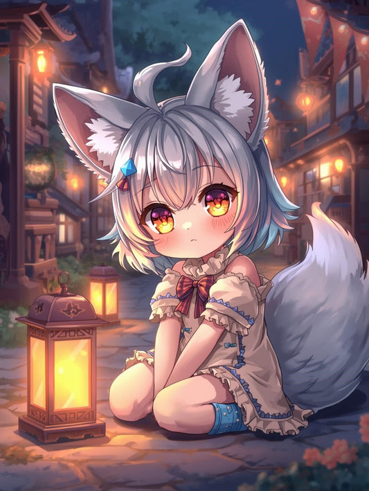 Paint by Number Fox Spirit Anime Girl in Lantern Village - Fantasy Anime Painting Kit