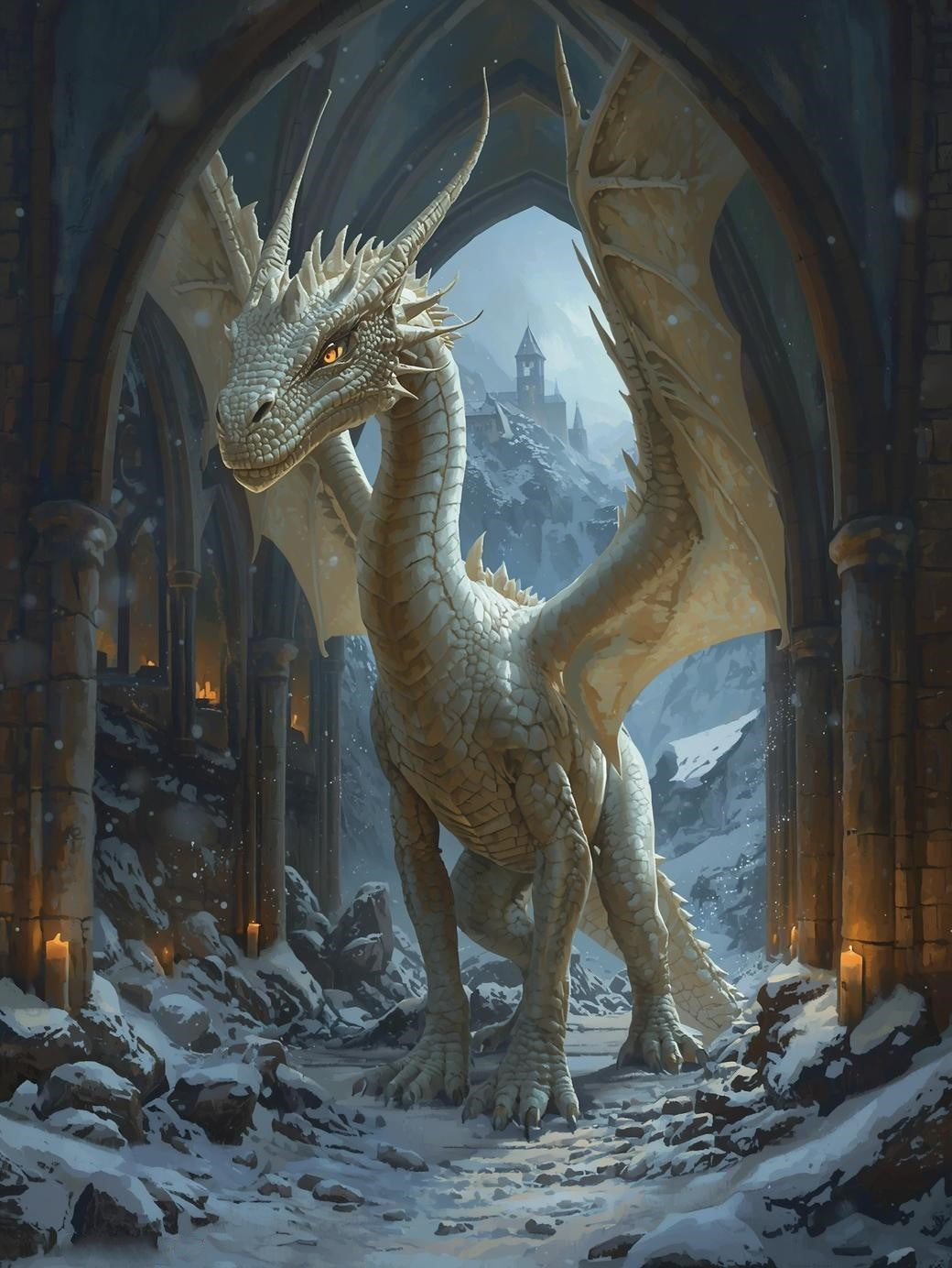 Paint by Number White Dragon in Snowy Cathedral Ruins – DIY Painting Kit for Adults