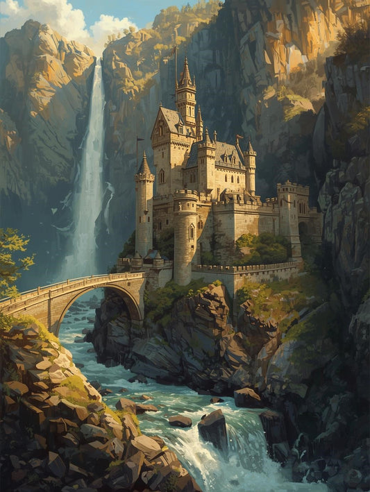 Paint by Number Waterfall Castle Kingdom – DIY Adult Painting Kit
