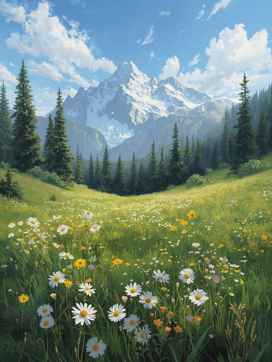 Paint by Number Wildflower Meadow with Snowy Mountain - DIY Canvas Paint by Number Kit