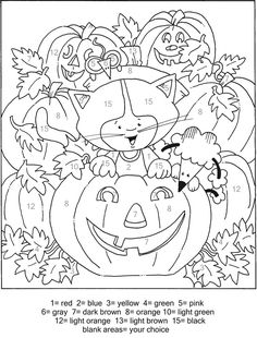 Free Color By Number Cat Jumping Out of Pumpkin