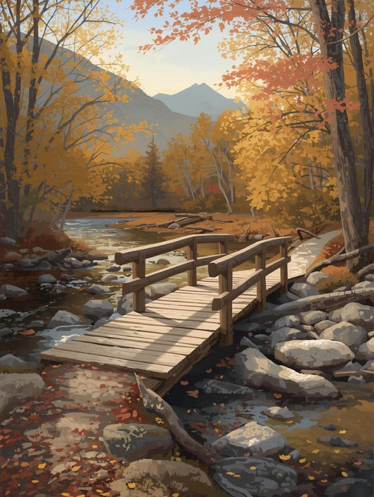 Paint by Number Autumn Forest Bridge Over a Creek - DIY Canvas Paint by Number Kit
