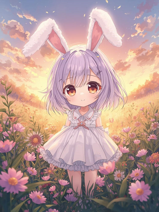Paint by Number Bunny Eared Anime Girl in Pink Flower Field - Paint by Number for Adults