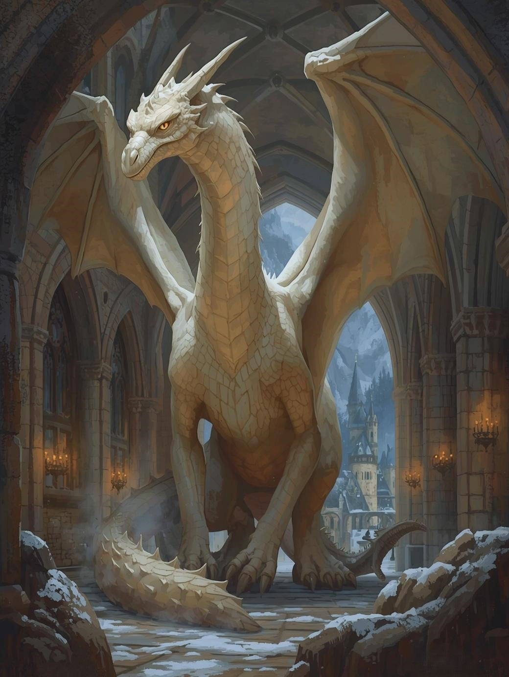 Paint by Number White Dragon in Medieval Castle Hall – Fantasy Canvas Art Ki