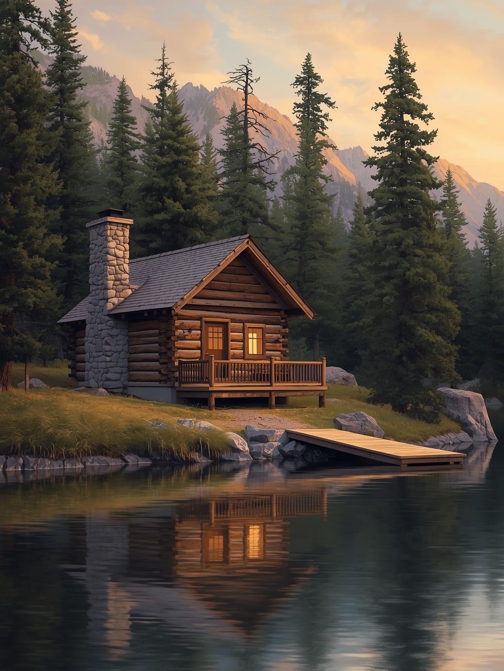 Paint by Number Lakeside Cabin with Mountain Reflection - DIY Canvas Paint by Number Kit