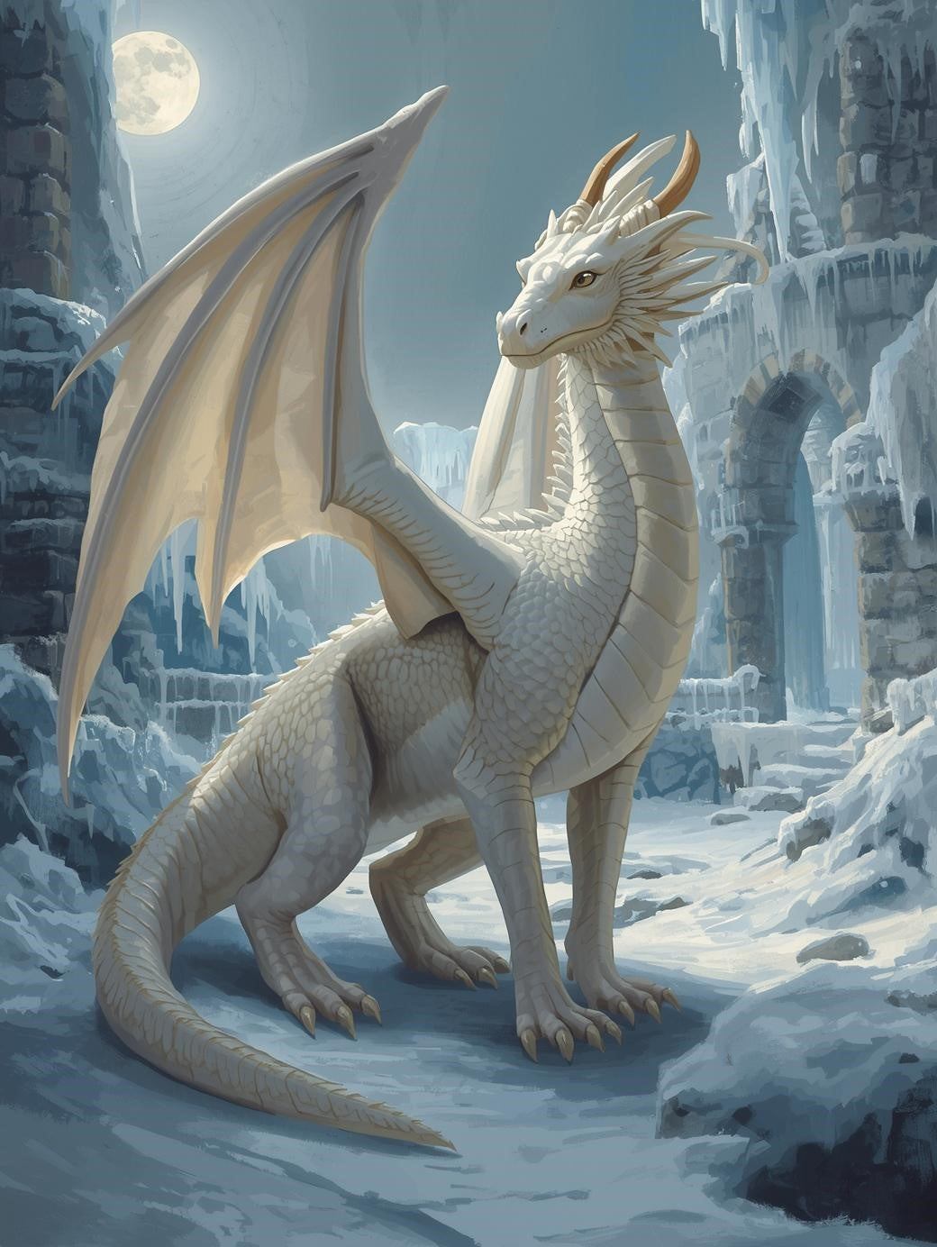 Paint by Number White Dragon in Frozen Castle Ruins – DIY Painting Kit for Adults