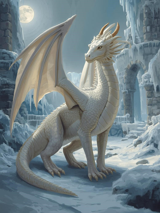 Paint by Number White Dragon in Frozen Castle Ruins – DIY Painting Kit for Adults