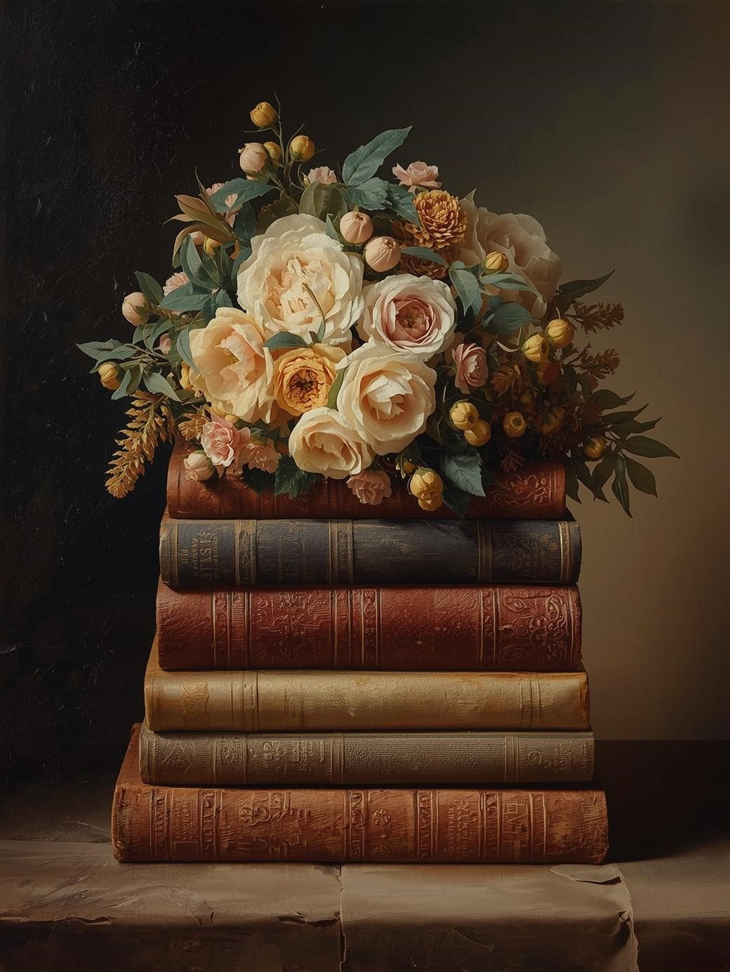 Paint by Number Vintage Book Stack with Warm Floral Bouquet – Paint by Number Kit for Adults