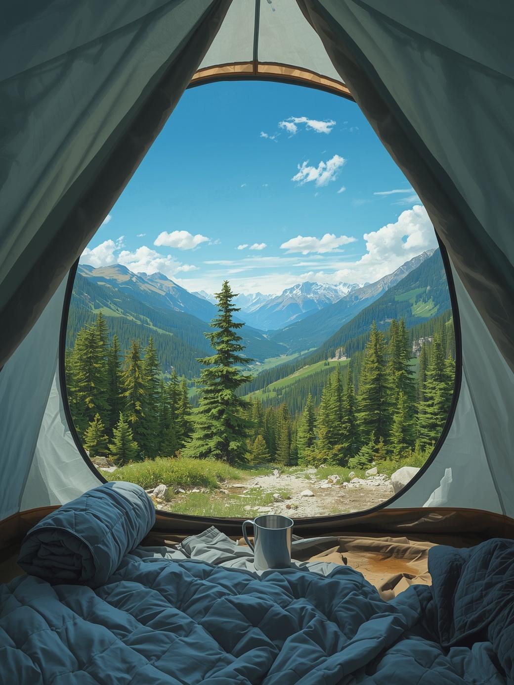 Paint by Number Mountain and Pine Trees View from Inside Tent - DIY Canvas Paint by Number Kit