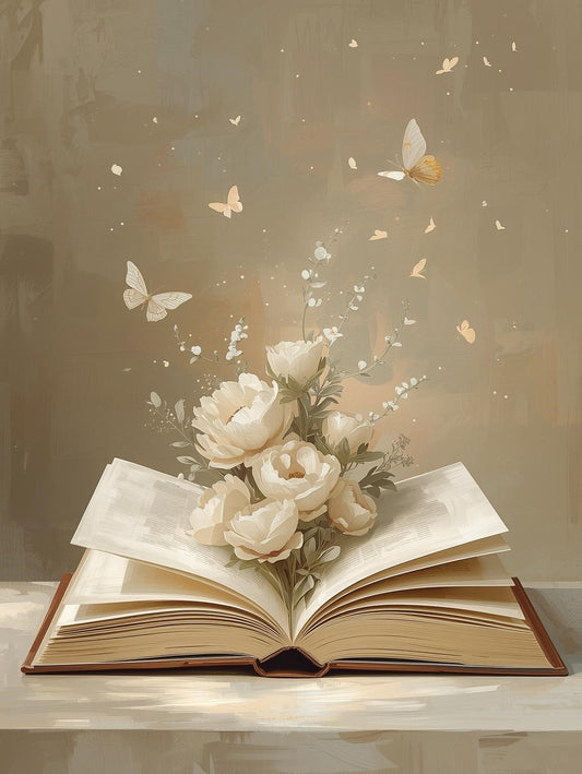 Paint by Number Open Book with Soft White Flowers and Butterflies – DIY Paint by Number Kit for Adults