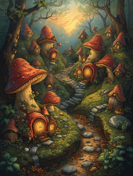Paint by Number Magical Mushroom Village Path – Paint by Number for Adults