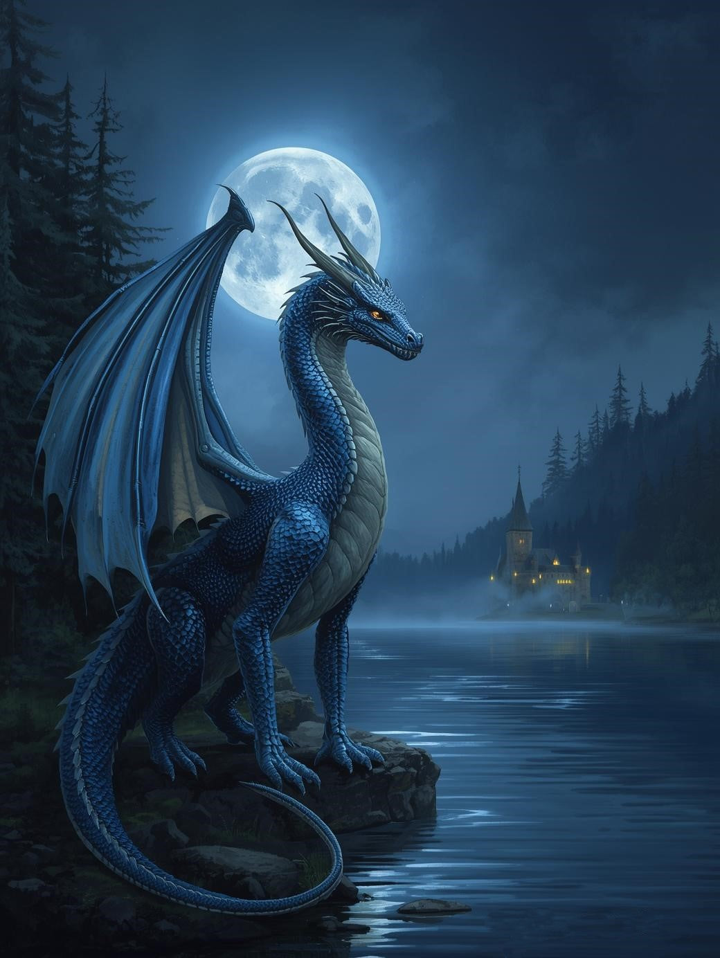 Paint by Number Sapphire Dragon by Moonlit Lake Castle – Adult Fantasy Canvas Kit