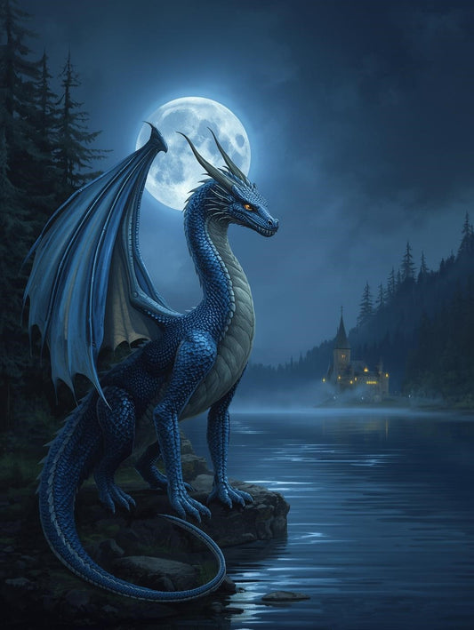 Paint by Number Sapphire Dragon by Moonlit Lake Castle – Adult Fantasy Canvas Kit