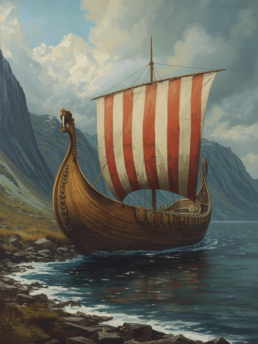 Paint by Number Red Sail Viking Longship by the Fjord – DIY Canvas Painting Kit