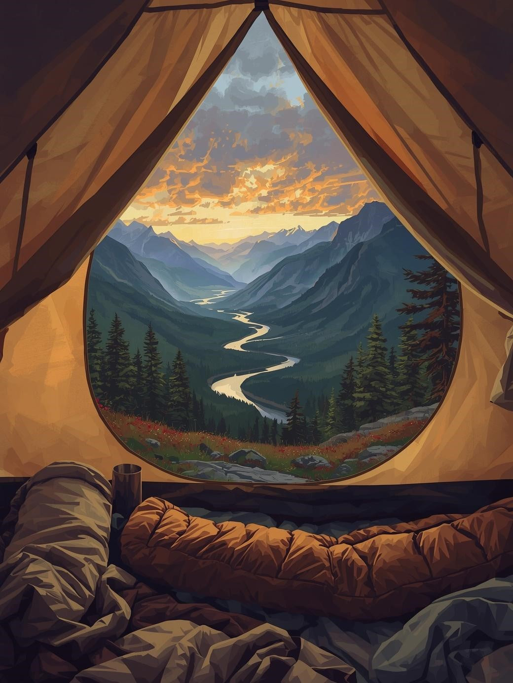 Paint by Number Mountain View from Inside Tent at Sunset - Paint by Number Kit for Adults