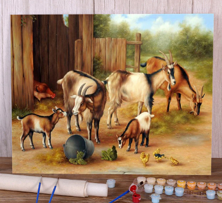 Paint By Number Farm Goats and Chicks Playing