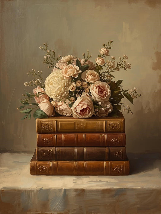Paint by Number Antique Books with Blush Rose Arrangement – Paint by Numbers Canvas Kit for Adults