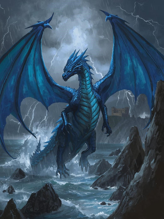 Paint by Number Blue Dragon in a Lightning Storm – Dragon Canvas Painting Kit
