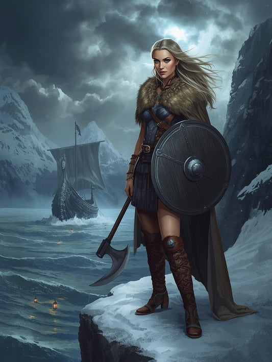 Paint by Number Viking Shieldmaiden by the Stormy Fjord – Adult Paint by Number Canvas