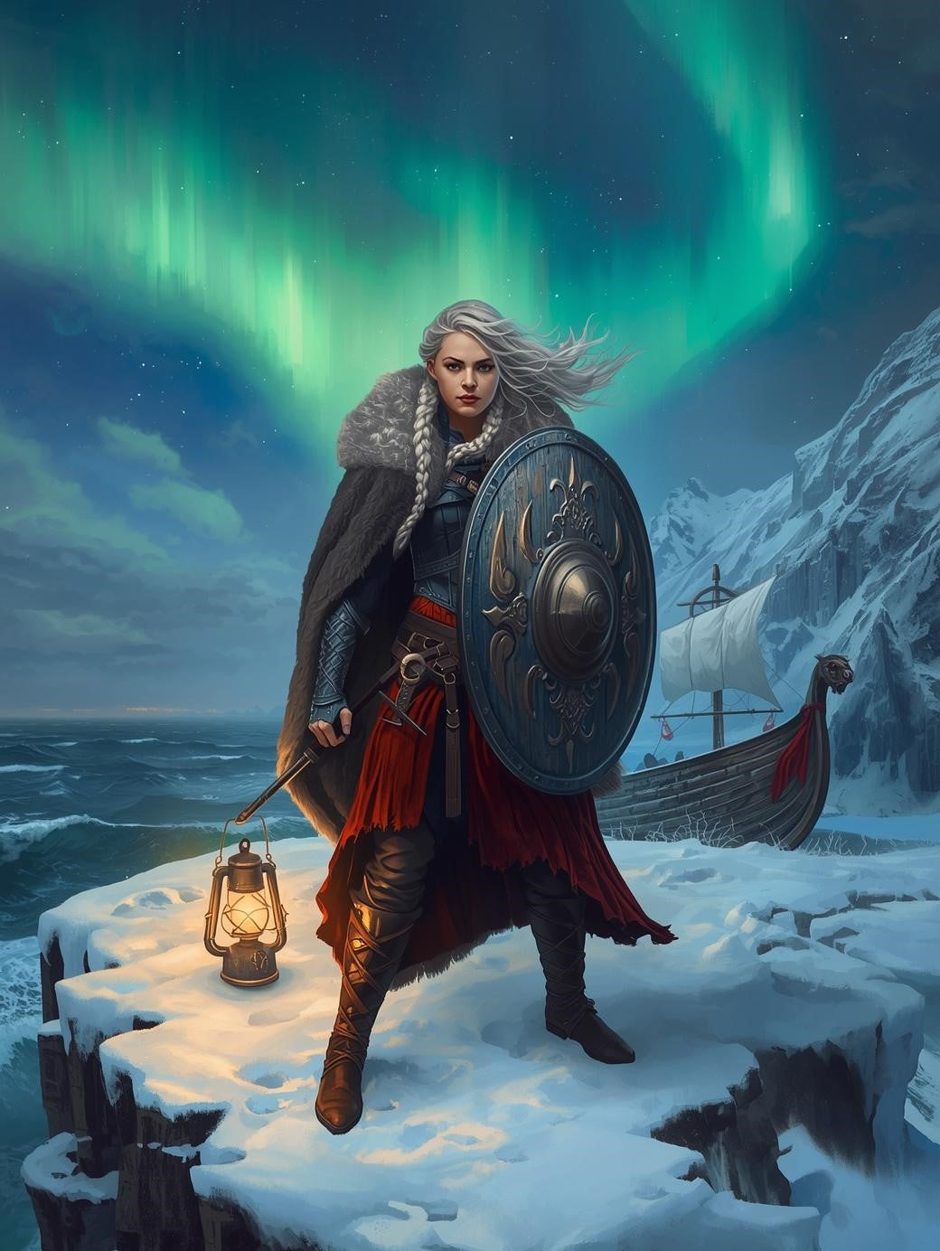 Paint by Number Nordic Shieldmaiden Under the Aurora – DIY Paint by Number Kit