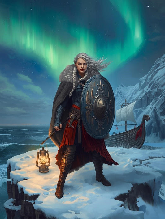 Paint by Number Nordic Shieldmaiden Under the Aurora – DIY Paint by Number Kit