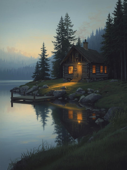 Paint by Number Cozy Mountain Cabin by the Lake at Dusk - DIY Paint by Number Kit