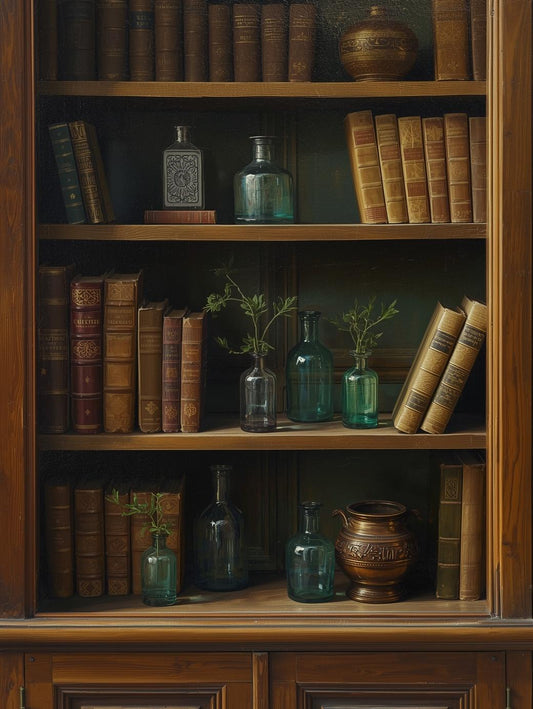 Paint by Number Vintage Bookshelf with Glass Bottles – Adult Paint by Number Art Kit