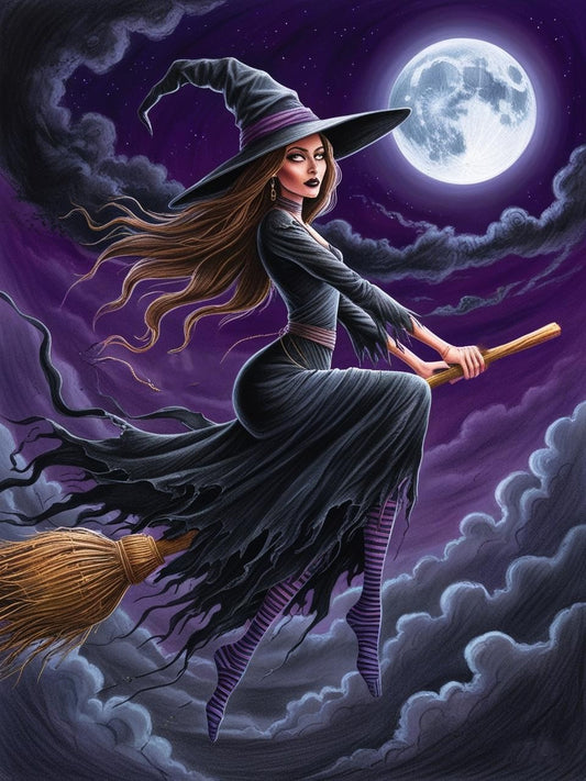 Paint By Number Beautiful Witch Gliding on a Broomstick