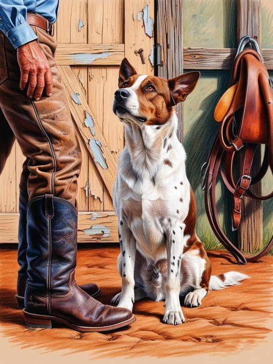 Paint by Number Staring with Admiration: Cattle Dog and Rancher