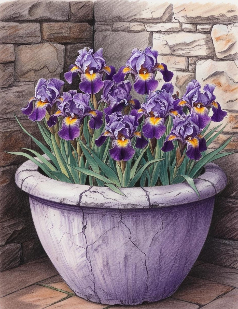 Paint by Number Stone Planter Elegance: Purple Irises in Bloom