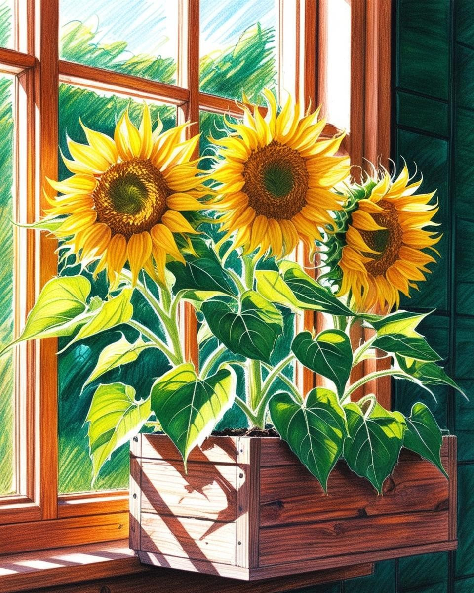 Paint by Number Sunflowers Radiating in a Sunny Window Box