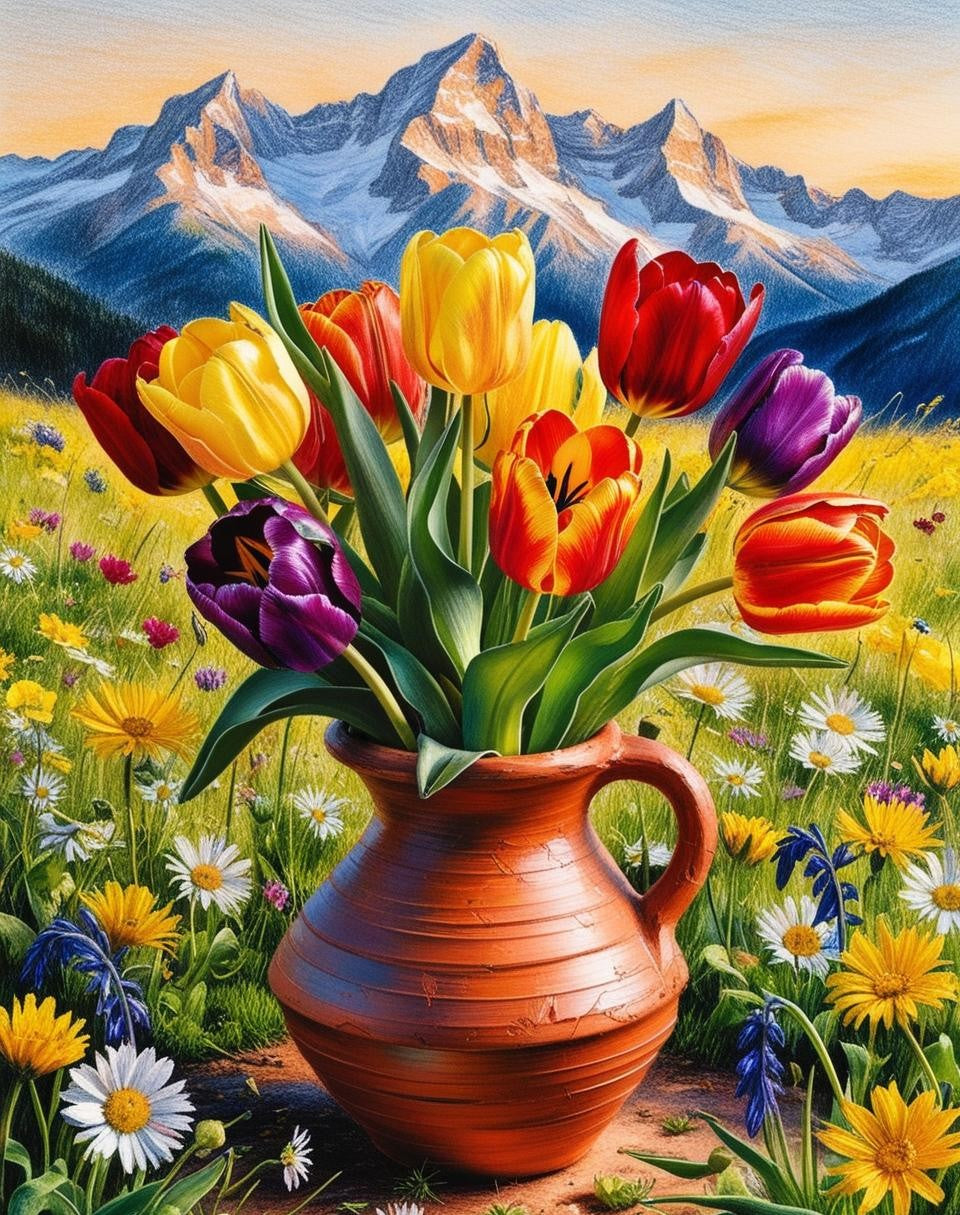 Paint by Number Radiant Tulips in Earthy Clay Vase