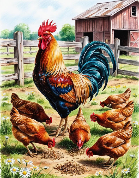 Paint by Number Proud Rooster and His Hens