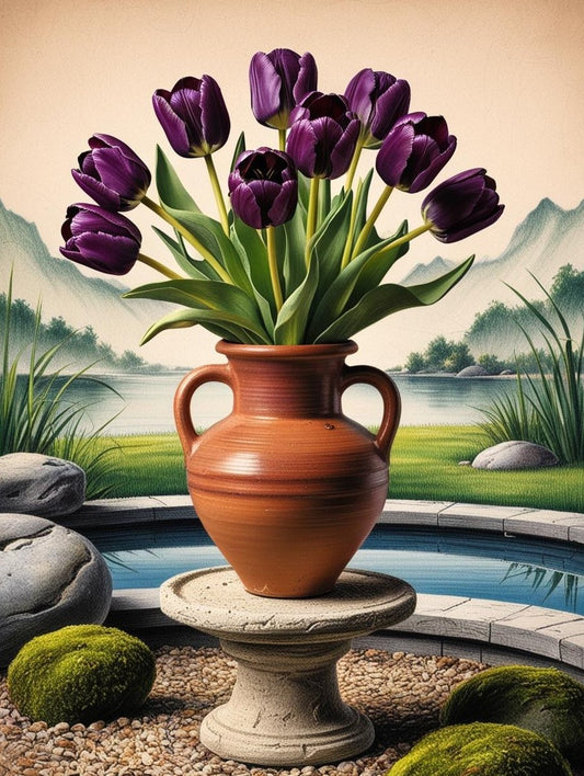 Paint by Number Purple Tulips in Handcrafted Terracotta Vase